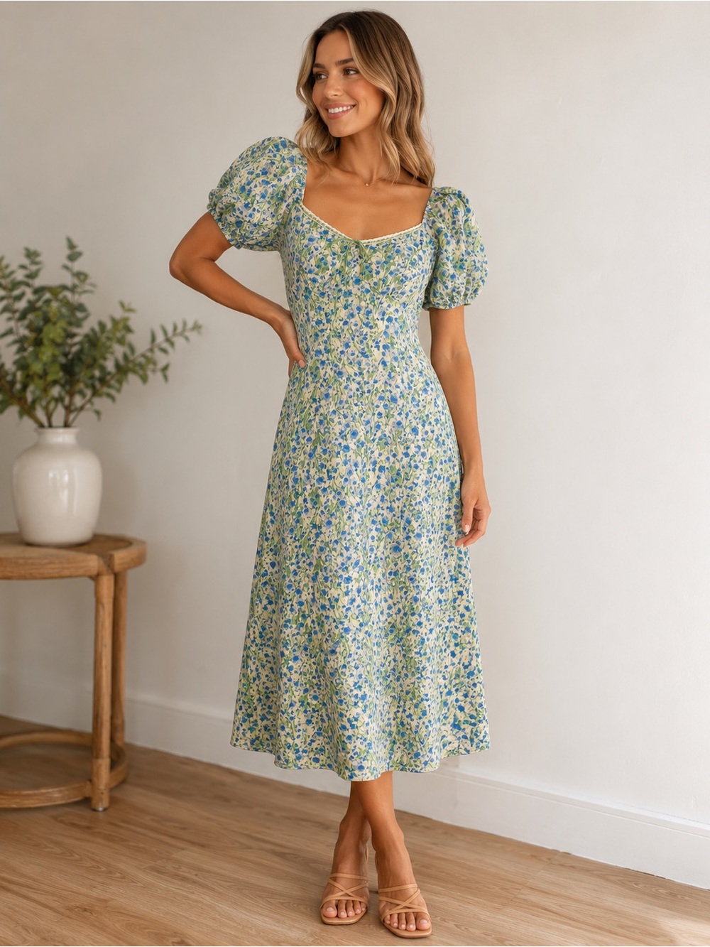 Monteau Los Angeles Blue Floral Puff Sleeve Midi Dress | Size Medium